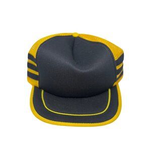 VTG Style Trucker Hat | Black & Yellow 3-Stripe Foam Mesh Cap Throwback OSFA